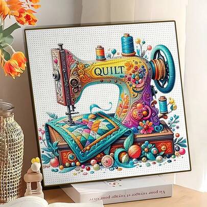 1pc New 5D Round Acrylic Diamond Painting, Featuring Colorful Sewing Machine And Patchwork Theme, Handmade Diamond Embroidery, Can Be Used As Home Wall Decor. Artistic And Interesting, Ideal Gift For Girlfriend, Parents, Friends For Festivals, Conveys Meaning And Creativity, Brightens Living Space. No Frame