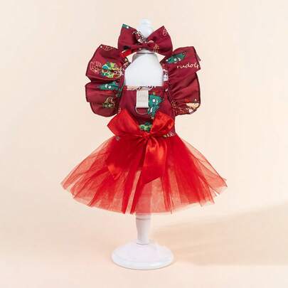 1 Set Vestido de Tul para Mascotas con Moño, Vestido de Boda Impreso Lindo para Mascotas, Vestido de Princesa de Malla Elástica para Perros y Gatos