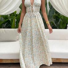 SunnyBelle Women's Ditsy Floral Elegant  Halter V-Neck Backless Dress, Suitable For Spring/Summer Vacation - Multicolor - Ver 4