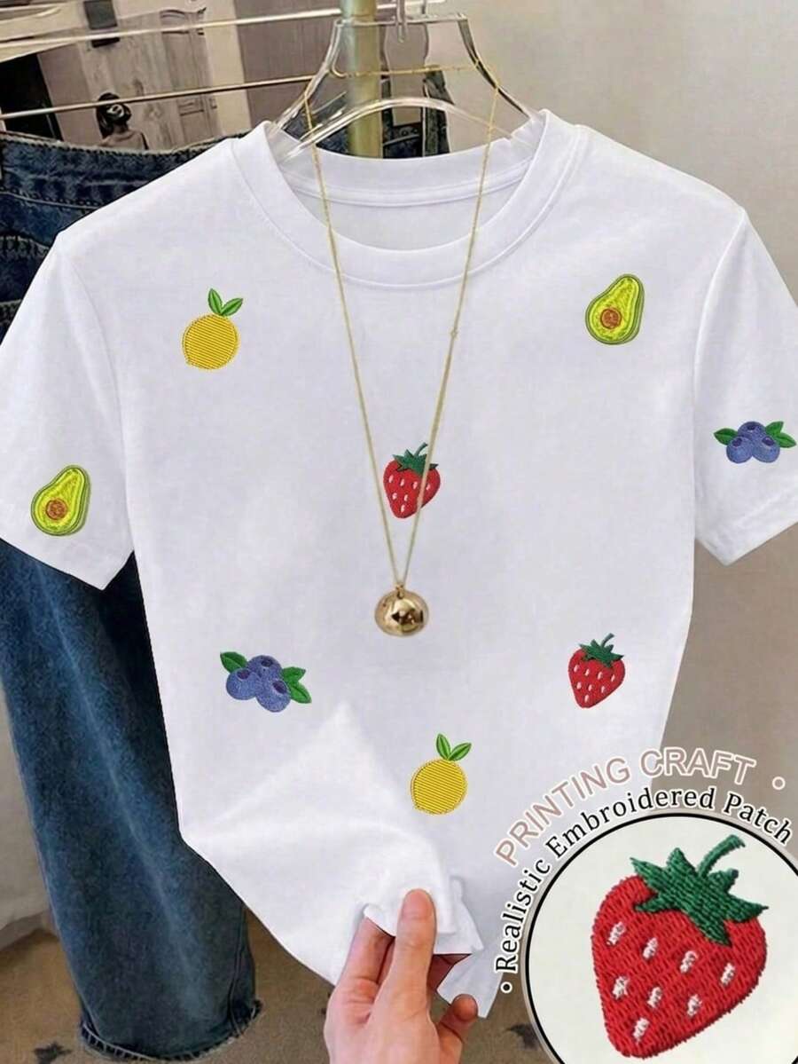 Playera de dama blanca con estampado divertido tutifruti tipo bordado Estilo Casual y Divertido comoda liguera transpirable ideal vacaciones diario casa tener una cita - Blanco - Ver 1