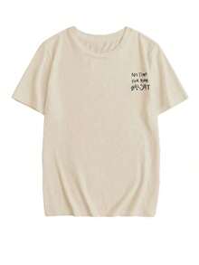 Camiseta de manga corta de cuello redondo casual de verano con estampado de frase inspiradora en inglés, versátil y de moda para mujer en color blanco - Beis - Ver 4
