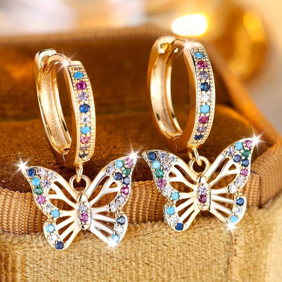 Vanel 1 Pair Elegant Gold Multicolor Cubic Zirconia Butterfly Pendant Hoop Earrings, Dreamy Fashion Jewelry, Daily Wear - Golden Yellow-multicolor - View 1