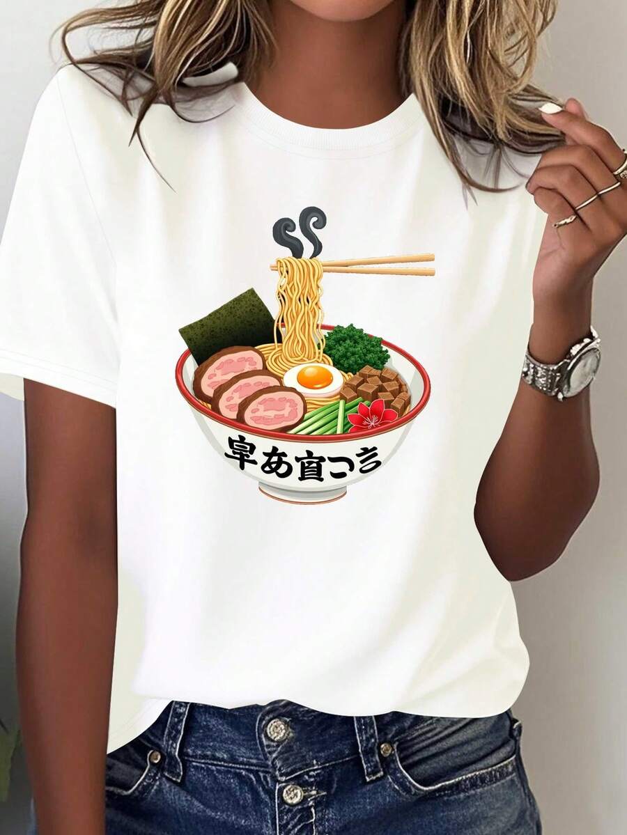 Camiseta de Mujer con Estampado de Tazón de Ramen Japonés - Camiseta Casual Pura Adecu para Amantes del Japón, Ropa Cómoda y Casual Lavable a Máquina con Tazón de Ramen