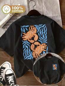 Women's 100% Cotton Y2K Style Oversized Graphic Tee, Featuring A Retro Crab And Seaweed Print, Front And Back Design, Casual Beach Tee For Women, Reversible Printed Tee For Women, With A Fun Crab And Seaweed Design, Perfect For Spring And Summer, Unisex Short Sleeve Graphic Tee, Casual Crew Neck Tee. - 黑色 - 查看 12