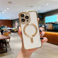 Phone Case: Luxury Plating Transparent Magnetic Wireless Charging Phone Case For IPhone Models 11 12 13 14 15 16 17 Pro Max Plus, Featuring A Clear Design That Is Shockproof And Includes A Lens Film. - Golden - View 3
