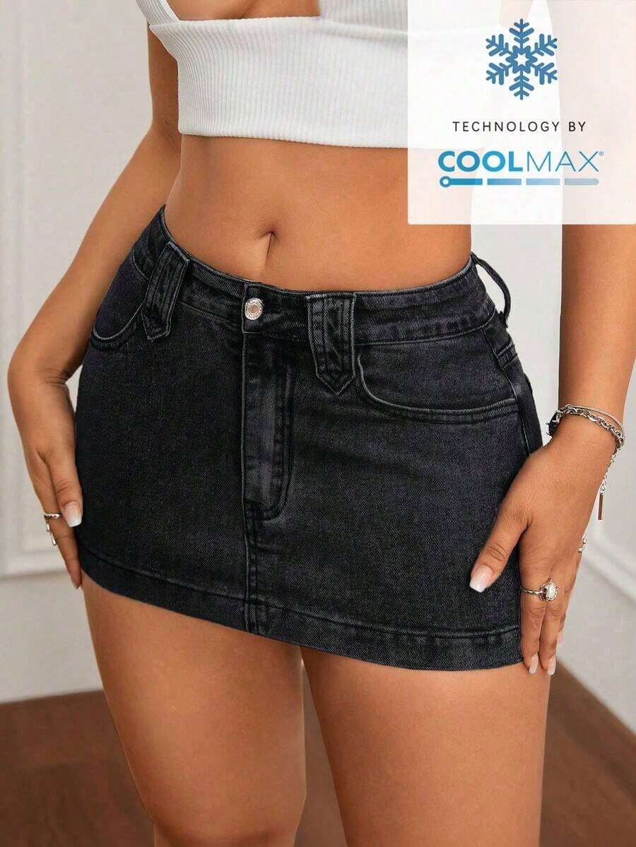 Minifalda de mezclilla ajustada y de tiro bajo lavada, con estilo callejero sexy para el verano - Negro 3 - Ver 1