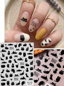 QIANJIKU 2 piezas Pegatinas de arte de uñas con tema de gato lindo - Cara de gato pintada a mano en azul, huellas de gato negras y corazones - Para manicura diaria, de fiesta, de mascotas, decoración DIY - Multicolor - Ver 5