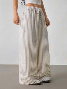 Pantalones casuales anchos de pierna ancha con rayas para mujer - Beis - Ver 8