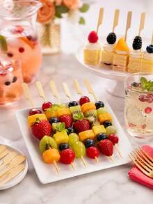 100 que xiên tre dẹt, que xiên nướng bằng gỗ dùng một lần, que xiên cocktail dài, thích hợp để nướng, xiên trái cây, cocktail, món khai vị, đồ dùng tiệc tùng, đĩa khai vị, trang trí tiệc sinh nhật và nhận biết món ăn. - Nhiều màu - Xem 4