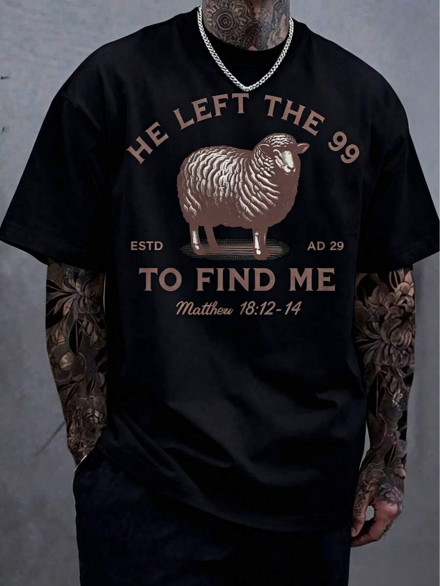 Manfinity Dauomo 99 T-Shirts Jesus Left, The Lord Is My Shepherd T-Shirt, Christian T-Shirt, He Left 99 To Save Me T-Shirt, Men T-Shirt - 黑色 - 查看 1