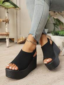 Women's Platform Wedge Sandals, Summer Shoes, Comfortable Chunky High Heel Shoes For Daily, Open Toe Slip-On With Elastic Ankle Strap, Vacation - Black - View 6
