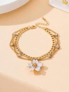 Double-Layer Anklet, Beach Vacation Style Tassel Flower Pendant Chain Foot Jewelry - White - View 6