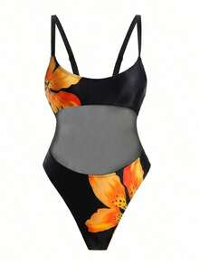 Traje de baño de una sola pieza para mujer con diseño de unicolor, tirantes, parches de malla, sexy y con recortes, estilo bohemio para festivales - Negro 3 - Ver 3