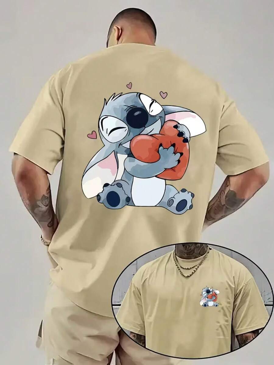 Authorized By Disney, "Lilo&Stitch" Animation-A Cute And Super-Powerful Alien Creature Printed Pattern, A Comfortable And Casual Men's T-Shirt, Which Is A Must For Disney Fans To Wear In Street Fashion. - 杏色 - 查看 1