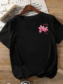 Women's Short-Sleeved Top With Front And Back Panels, Orchid Print On A Black Background, Round Neck, Casual Style - Women's Clothing, Comfortable Fit, Classic Design - 黑色 - 查看 2