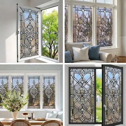1/4pcs Colorful Glass Static Cling Window Film, Vintage Geometric Pattern, Privacy Blackout Sticker, Removable Decorative Glass Decal For Living Room, Home Decor