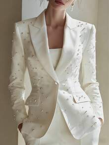 Women's Fashion Everyday Commute Bubble Bead Blazer Jacket, Suitable For Weddings, Dates, Lining For All Seasons White Fall - White - View 4