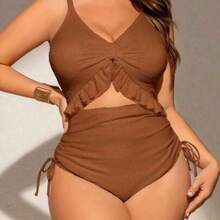 Swim Chiccia Plus Size Women One-Piece Swimsuit, Special Fabric, Deep V-Neck, Adjustable Straps, Removable Pads, Frill Trim, Drawstring Waist, Fashionable & Sexy, Casual Resort & Beach Style - Marrón - Ver 1