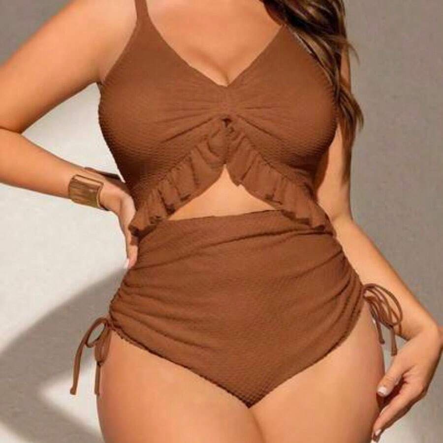 Swim Chiccia Plus Size Women One-Piece Swimsuit, Special Fabric, Deep V-Neck, Adjustable Straps, Removable Pads, Frill Trim, Drawstring Waist, Fashionable & Sexy, Casual Resort & Beach Style - Marrón - Ver 1