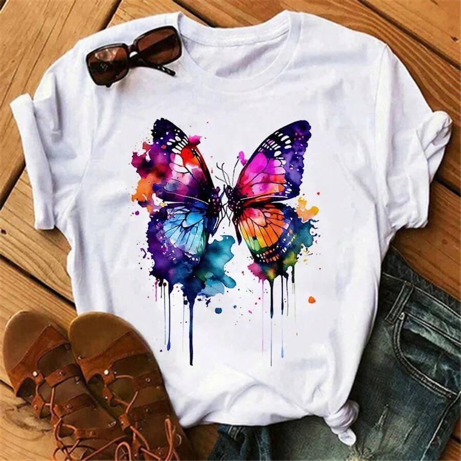 Camisetas de manga corta para mujer góticas con estampado de árbol y mariposa, camiseta Harajuku de cuello redondo, manga corta, informal, para verano. - Blanco - Ver 1