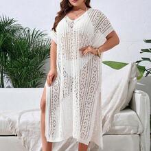 Swim Lushore Plus Size Hollow Out Split Thigh Cover Up Dress Without Bikini Summer - Marrón - Ver 5