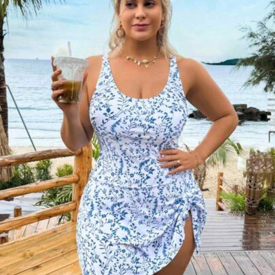Swim Lushore Plus Size Women's Leaf Print Adjustable Strap Round Neck One-Piece Swimsuit With Triangle Bottoms, Elegant Sexy Casual Beach Vacation Outfit For Summer - Azul y blanco - Ver 1
