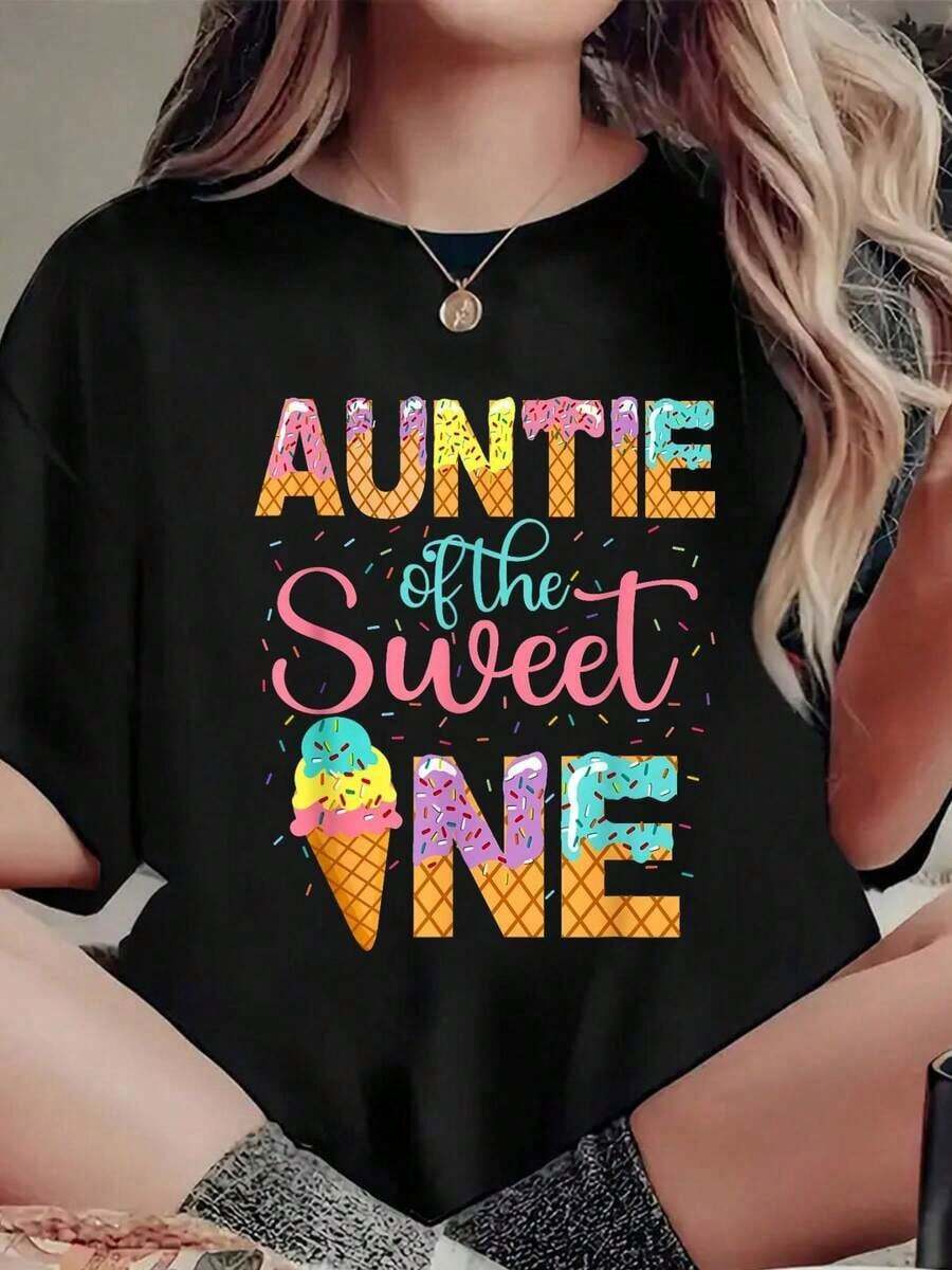 Camiseta 'Tía de la Dulce' para el 1er Cumpleaños, para Amantes del Helado, Camiseta Estampada, Cuello Redondo, Manga Corta, Top Casual de Verano - Negro - Ver 1