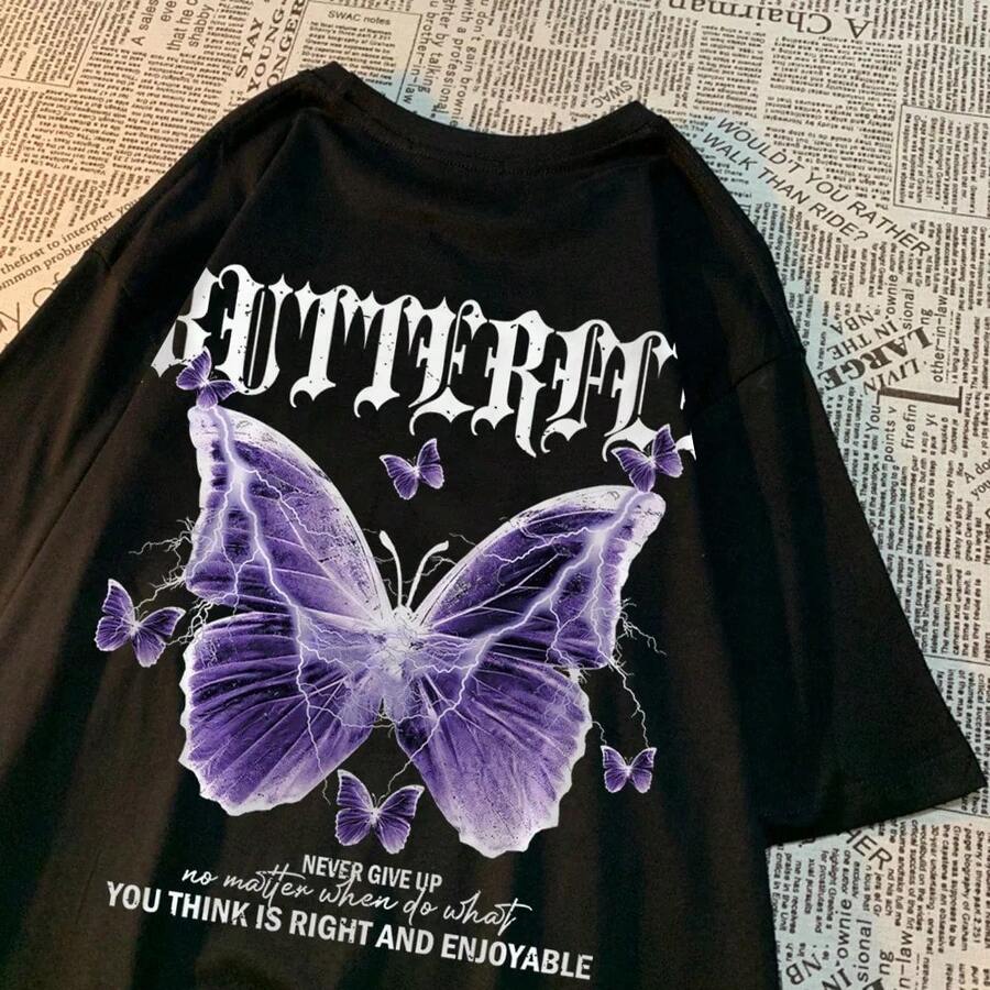 Camiseta Unisex con Estampado de Frase, Cuello Redondo, Manga Corta, Diseño Casual Holgado, Ideal para Verano - Negro - Ver 1