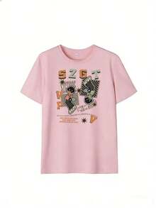 Retro Streetwear Short Sleeve T-Shirt In Orange And Gray.  Short Sleeve T-Shirt For Spring And Summer 2026, Made In Mexico, 180 Grams. Cartoon Print, Couple Design, Suitable For Indoor Or Outdoor Wear. Crew Neck, Unisex, Ideal For Office And Leisure. One-Pack. - PK-P631577SLNDXZGY404 - 查看 2