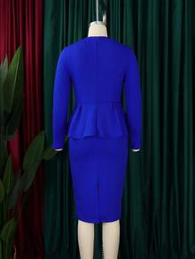 New Women's Plus Size Dress Autumn Winter Long Sleeve Ruffles Elegant OL Style - 寶藍色 - 查看 2