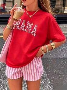 Fashionable And Personalized Y2K Women's T-Shirt, 100% Cotton 180g, Loose Fit And Short Sleeves, Urban Style Elegance, Casual And Breathable For Everyday Wear, With Creative Fruit And Strawberry Print, Summer Clothing, Gift For Outdoor Sports. - 紅色 - 查看 12