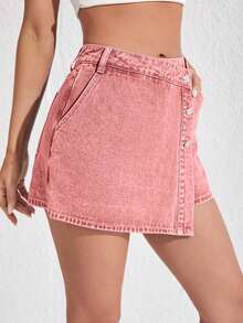 Envoltorio de falda pantalón denim con dobladillo asimétrico de unicolor - Rosa - Ver 3