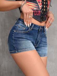 ICON Plain Denim Shorts, Casual & Fashionable For Everyday Wear Y2k - 深色洗 - 查看 3