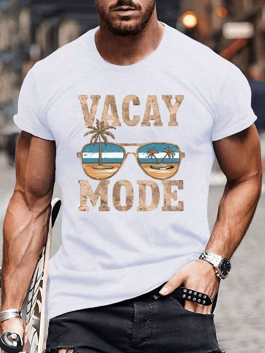 VACAY MODE Moderiktig semester-T-shirt, herr vår, sommar och höst, herr rund hals kortärmad, lämplig för dagligt bruk toppar toppar för kvinnor toppar för kvinnor - Svart - Visa 1