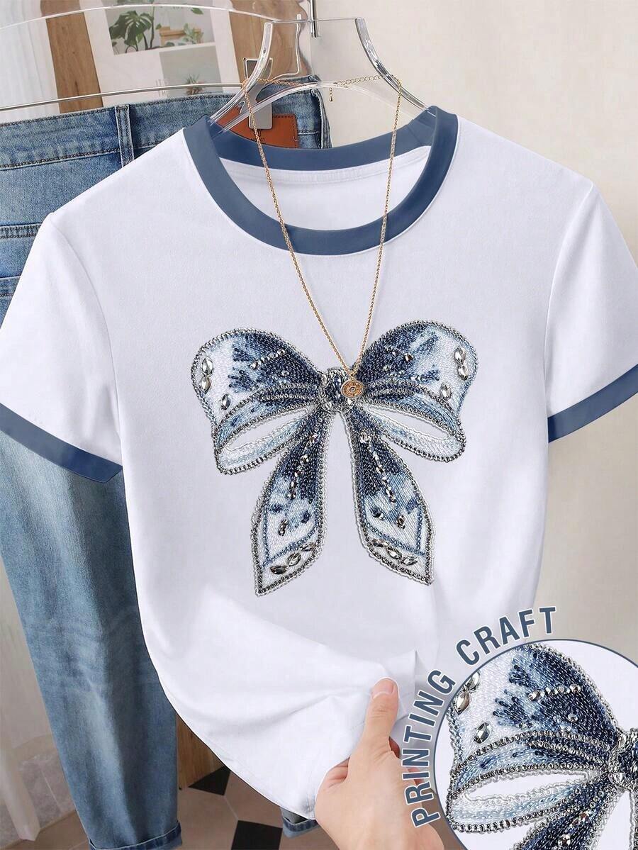 Camiseta de mujer de cuello redondo con estampado de lunares, rayas y corazones - Blanco 5 - Ver 1