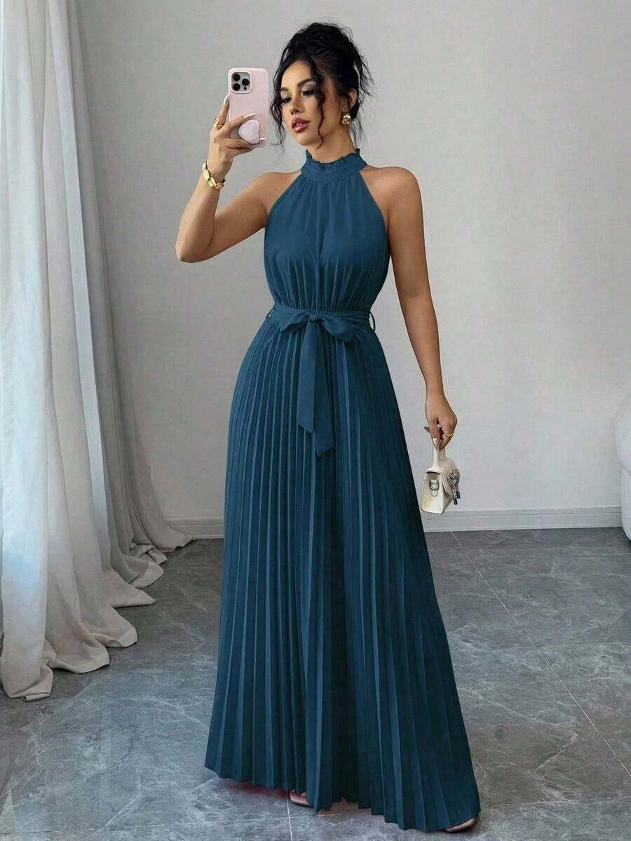 Vestido elegante de corte evasé para mujeres con cuello de volantes y cintura ceñida para el Día de San Valentín, romántico - Agua verde azul - Ver 1
