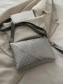 新款春夏草编女士手提包，多功能单肩/斜挎包，独特小巧方形包 - 銀色 - 查看 7