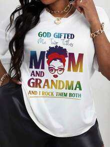 Maweii God Gifted Me Two Titles Mom And Grandma And I Rock Them Both"English Letter Printing Graphic Tees Women Tops Mother DayRopa De Mujer / Ropa De Mujer De Uso Diario / Blusas, Camisas Y Camisetas De Mujer / Camisetas De Mujer Ropa Deportiva Basicos Mujer Short Playeras Para Hombre - Blanco - Ver 1