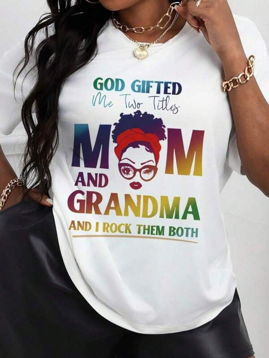 Maweii God Gifted Me Two Titles Mom And Grandma And I Rock Them Both"English Letter Printing Graphic Tees Women Tops Mother DayRopa De Mujer / Ropa De Mujer De Uso Diario / Blusas, Camisas Y Camisetas De Mujer / Camisetas De Mujer Ropa Deportiva Basicos Mujer Short Playeras Para Hombre - Blanco - Ver 1