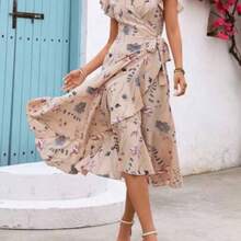 Women's Floral Printed Wrap Style Midi Dress Maxi Women Outfit - Caqui - Ver 1
