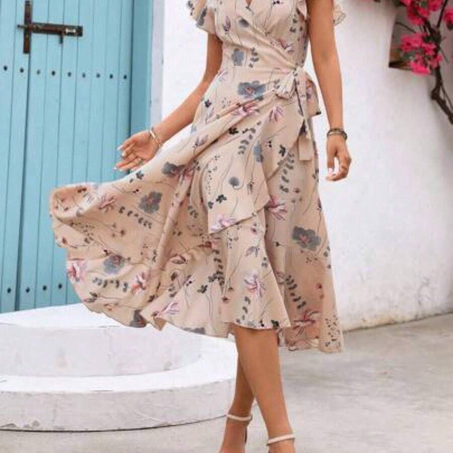 Women's Floral Printed Wrap Style Midi Dress Maxi Women Outfit - Caqui - Ver 1