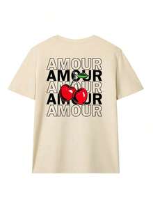 Camiseta de mujer vintage con estampado de cerezas rojas, tela transpirable y cómoda con estampado de eslogan positivo, ajuste holgado estilo universitario estadounidense retro, adecuada para uso diario, estilo callejero, día de autocuidado o regalo casual de Acción de Gracias en verano - Albaricoque 2 - Ver 2