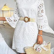 Women's Floral Hollow-Out Embroidery Round Neck Flare Sleeve Casual Dress - Verde - Ver 6