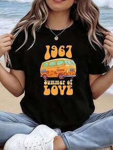Camiseta de manga corta para mujer con cuello redondo y estampado gráfico de festival deúsica hippie retro de 1967, Verano de la Amor, perfecta para salidas informales, regalos de festival y reuniones con - Negro - Ver 1