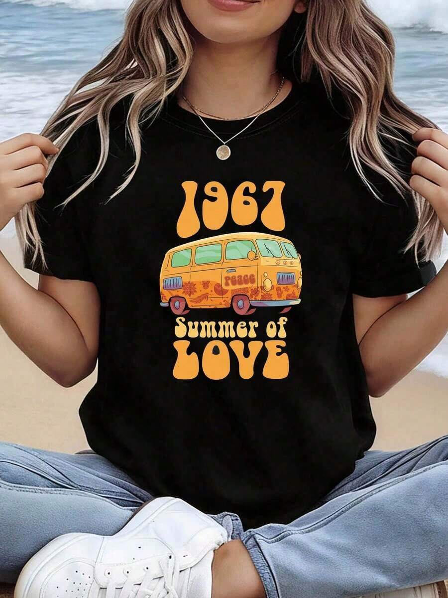 Camiseta de manga corta para mujer con cuello redondo y estampado gráfico de festival deúsica hippie retro de 1967, Verano de la Amor, perfecta para salidas informales, regalos de festival y reuniones con - Negro - Ver 1