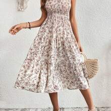 Floral Print Layered Hem Dress Maxi Vacation Beach Outfits Women - Blanco - Ver 1