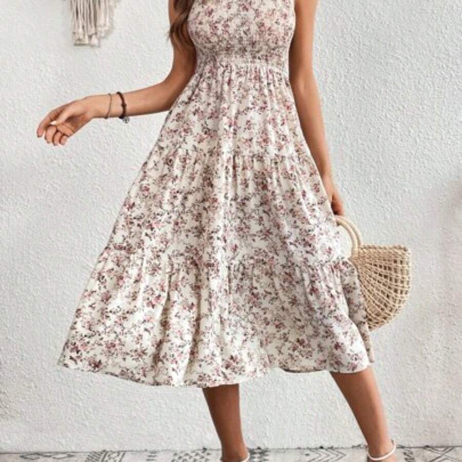 Floral Print Layered Hem Dress Maxi Vacation Beach Outfits Women - Blanco - Ver 1