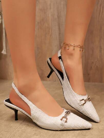 Delicate Woven Pattern Pointed Toe Ankle Strap Stiletto Heels, Metal Buckle & Rhinestone Decor, Comfortable For Office, Interview, Commute, Versatile Closed Toe Sandals For Women