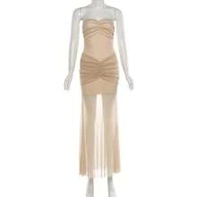 YeonC Solid Color Fitted Off Shoulder Sheer Dress - Apricot - View 10