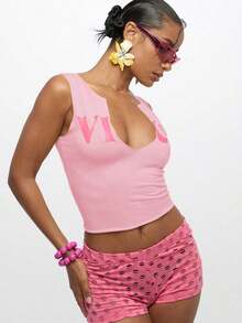 WOMEN Notch Neck Tank Top Fitted Festival Summer Sleeveless Crop Top Lightweight Scoop Neck Sporty Tank - 淺粉色 - 查看 7